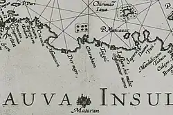 Map of Java from 1598 by Joannes van Doetecum the Elder, showing the city of Cirebon (Charabaon) with a flag on top of it.