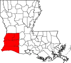 Five-parish Southwest Louisiana region (Allen, Beauregard, Calcasieu, Cameron, and Jefferson Davis) highlighted in red.