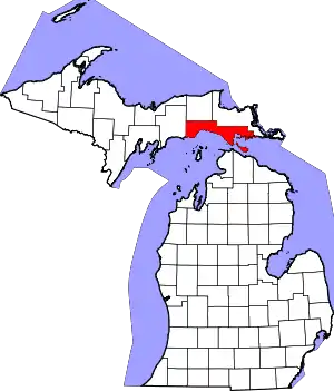 Map of Michigan highlighting Mackinac County