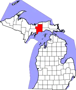 Map of Michigan highlighting Schoolcraft County