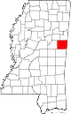 Map of Mississippi highlighting Noxubee County