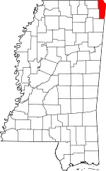 Map of Mississippi highlighting Tishomingo County