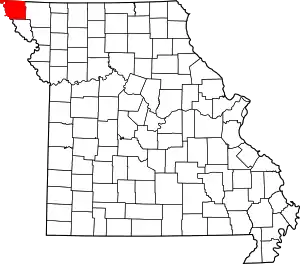 A state map highlighting Atchison County in the northwestern corner of the state.