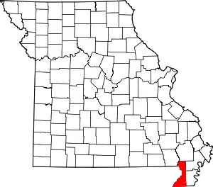 A state map highlighting Dunklin County in the southeastern part of the state.