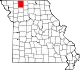 A state map highlighting Harrison County in the northwestern part of the state.