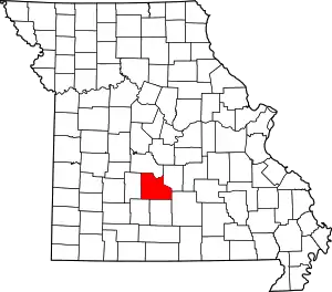 A state map highlighting Laclede County in the southern part of the state.