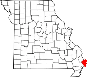 A state map highlighting Mississippi County in the southeastern part of the state.