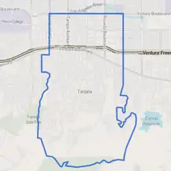 Location of Tarzana (highlighted in blue) in Los Angeles