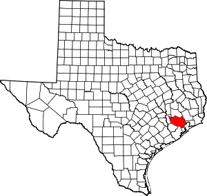 Map of Texas highlighting Harris County