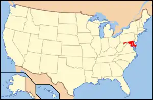 A map of the United states, Maryland shown in red on the right.