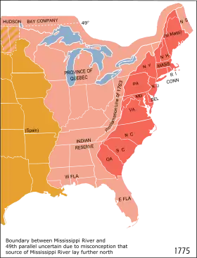 The Thirteen Colonies (shown in red) in 1775 with modern borders overlaid