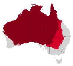 Red and dark red areas form the legally defined Outback, dark red and striped areas forms the modern Outback.