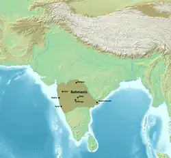 The Bahmani Sultanate at its greatest extent in 1470 under regent Mahmud Gawan