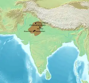 Approximate territory of the Chahamanas of Shakambhari circa 1150–1192 CE.