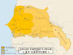 Map of the Jolof Empire's borders, including tributary states and territories of influence.