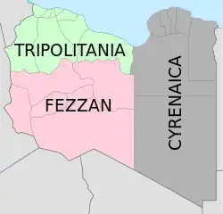 The three regions of Libya during the Allied occupation: Tripolitania and Cyrenaica were British-administered, while Fezzan was French