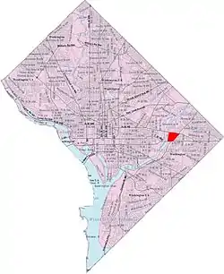 Map of Washington, D.C., with the River Terrace neighborhood highlighted in red