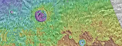 Map showing the relation of Protonilus and Deuteronilus Mensae to other nearby regions. Colors refer to altitudes.