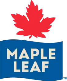 A curved red maple leaf above a curved blue banner that says "Maple Leaf".