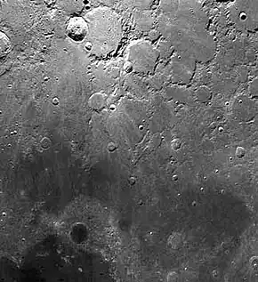 Photo of Mare Frigoris. Plato is the dark circular feature to the south of the mare.