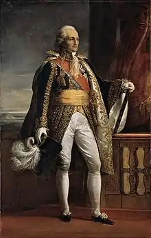 Print shows a solemn white-haired man with a rectangular face and large eyes. He wears an elaborate military uniform with lots of gold braid.