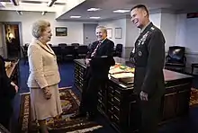 Thatcher sharing a laugh with Donald Rumsfeld and Peter Pace