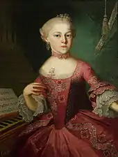 Painting of a teenage girl in an embroidered red dress