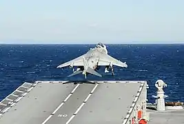 Back view of an aircraft taking off from a ramp aboard a ship. The ship is at sea.