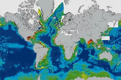 Thickness of marine sediments