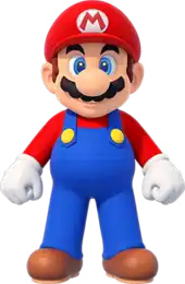 3D render of a cartoon plumber with a mustache, a large round nose, a red cap with the letter M, a red shirt, blue overalls, and brown shoes.