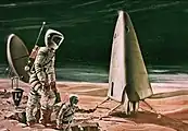 Artist's conception of a crew going on surface EVA on Mars, circa early 1960s. In the background is a Mars Excursion Module (MEM)