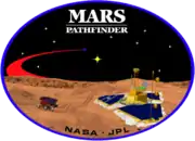 An image inside an oval, depicting two spacecraft, one a lander, and one a rover, on the surface of Mars. The words "Mars Pathfinder" are written on the top and the words "NASA · JPL" are written on the bottom.