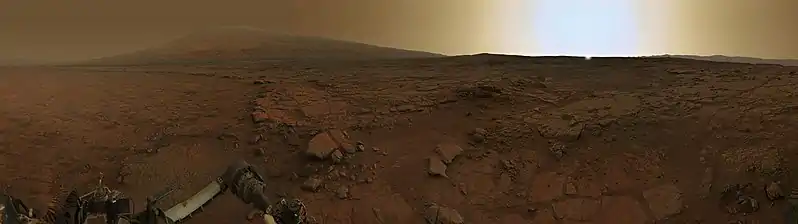 Mars sky at sunset, as imaged by the Curiosity rover (February 2013; Sun simulated by artist)