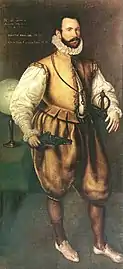 Martin Frobisher in a peascod-bellied doublet under a buff jerkin.