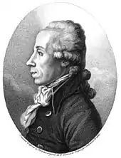 Engraved profile image of a mid-age male with high forehead. The person is wearing a coat and a neckerchief.