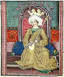 Chronica Hungarorum, Thuróczy chronicle, Queen Mary of Hungary, throne, crown, orb, scepter, medieval, Hungarian chronicle, book, illustration, history