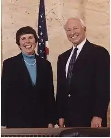 Carter's first Court of Appeals nominee to be confirmed, Procter Ralph Hug Jr. of the Ninth (right), who elevated to Ninth's Chief Judge, on day of transfer of Chief Judge to another Carter nominee to the same Circuit, Mary M. Schroeder (left).