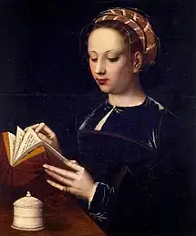 Ambrosius Benson, The Magdalen Reading, c 1525. This work shares van der Weyden's emphasis on the volume and bulk of her book, and similarly concentrates on her delicately rendered fingers.