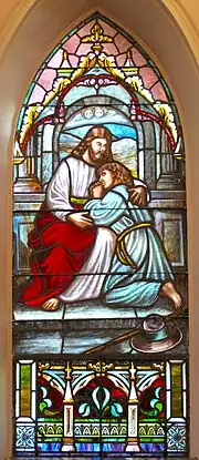 Christ Leaving His Mother – This window, made in 1966, replaced the window damaged in the fire of 1965.