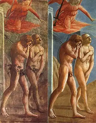 The Expulsion from the Garden of Eden, by Masaccio, before and after restoration. It was painted in 1425, covered up in 1680, and restored in 1980.