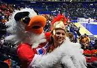 Маscot Tasa (eagle) with Macedonian fan in Belgrade Arena