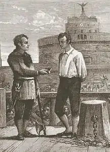 Giovanni Battista Bugatti, papal executioner between 1796 and 1861, offering snuff to a condemned prisoner in front of Castel Sant'Angelo.