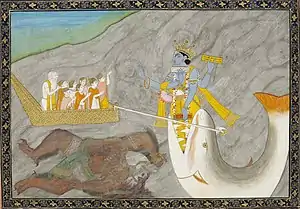 Matsya-avatara of Lord Vishnu pulls Manu's boat after having defeated the demon.