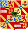 The coat of arms used by Maurice showing the county of Moers (top left center and bottom right center) and his mother's arms of Saxony (center)