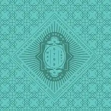 A green geometric pattern with a skull in the middle