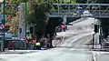 Pedestrian overbridge exiting Ramsey town centre, looking south-east towards May Hill