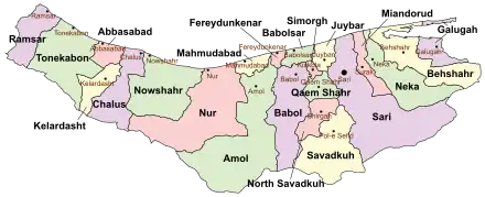 Location of Savadkuh County in Mazandaran province (bottom, yellow)