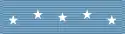 A light blue ribbon with five white pointed stars