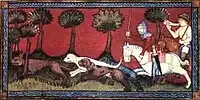 Wolf hunt depicted in a 12th-century bestiary