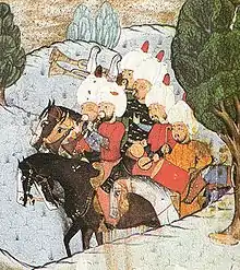 Mehterhâne, Ottoman miniature circa 1568. The musicians play two zurna, two spiral trumpets (boru), a cylinder drum davul and a pair of kettle drums (nakkare). In 1529, the "Turkish field clamor" reached Vienna for the first time.